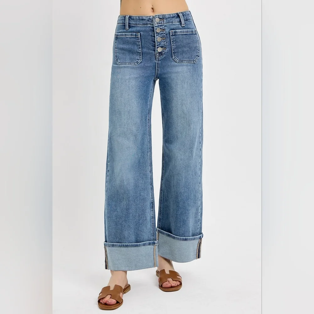 Risen HR Medium Wash Button Fly Patch Pocket Cuffed Wide Leg Jeans Various NEW - Picture 6 of 6